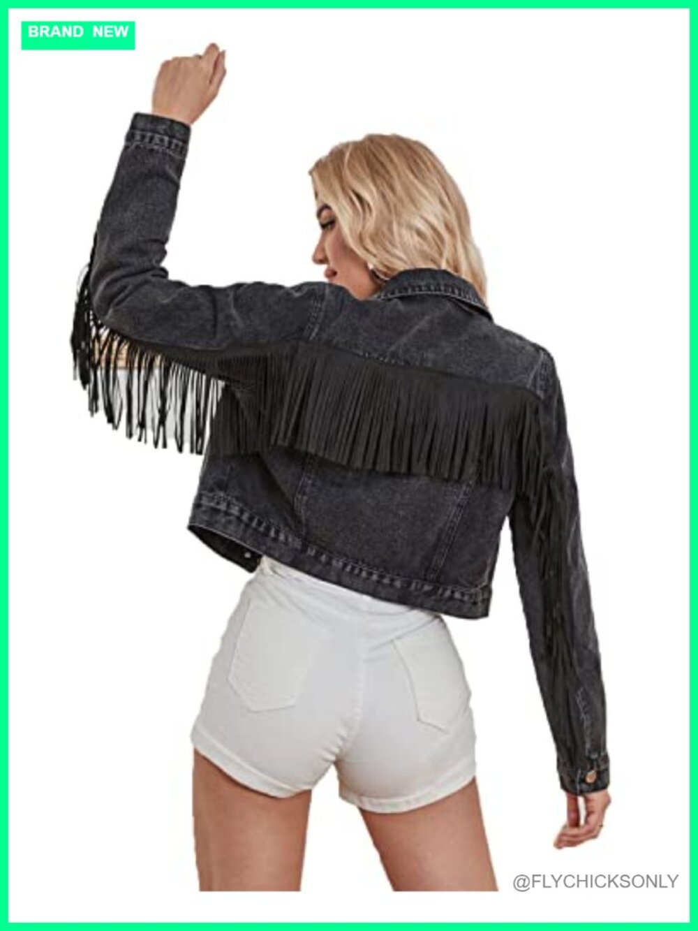 Cropped Denim Jacket Distressed Fringe Long Sleeve Button Jean Coat